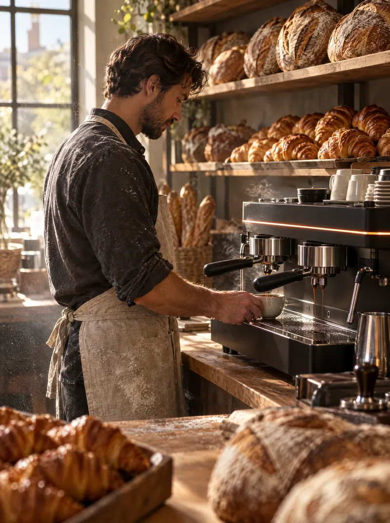 A baker pulling an espresso on a Magma 2G at dawn