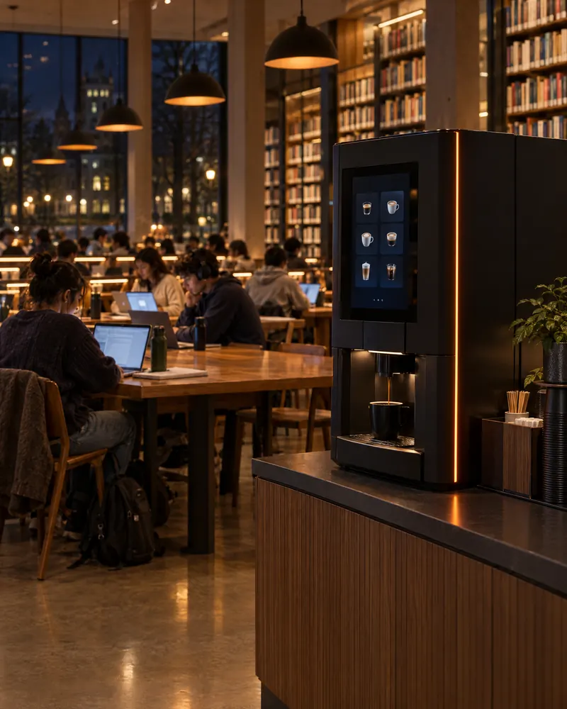 A self-service Core 90 in a university library café at night